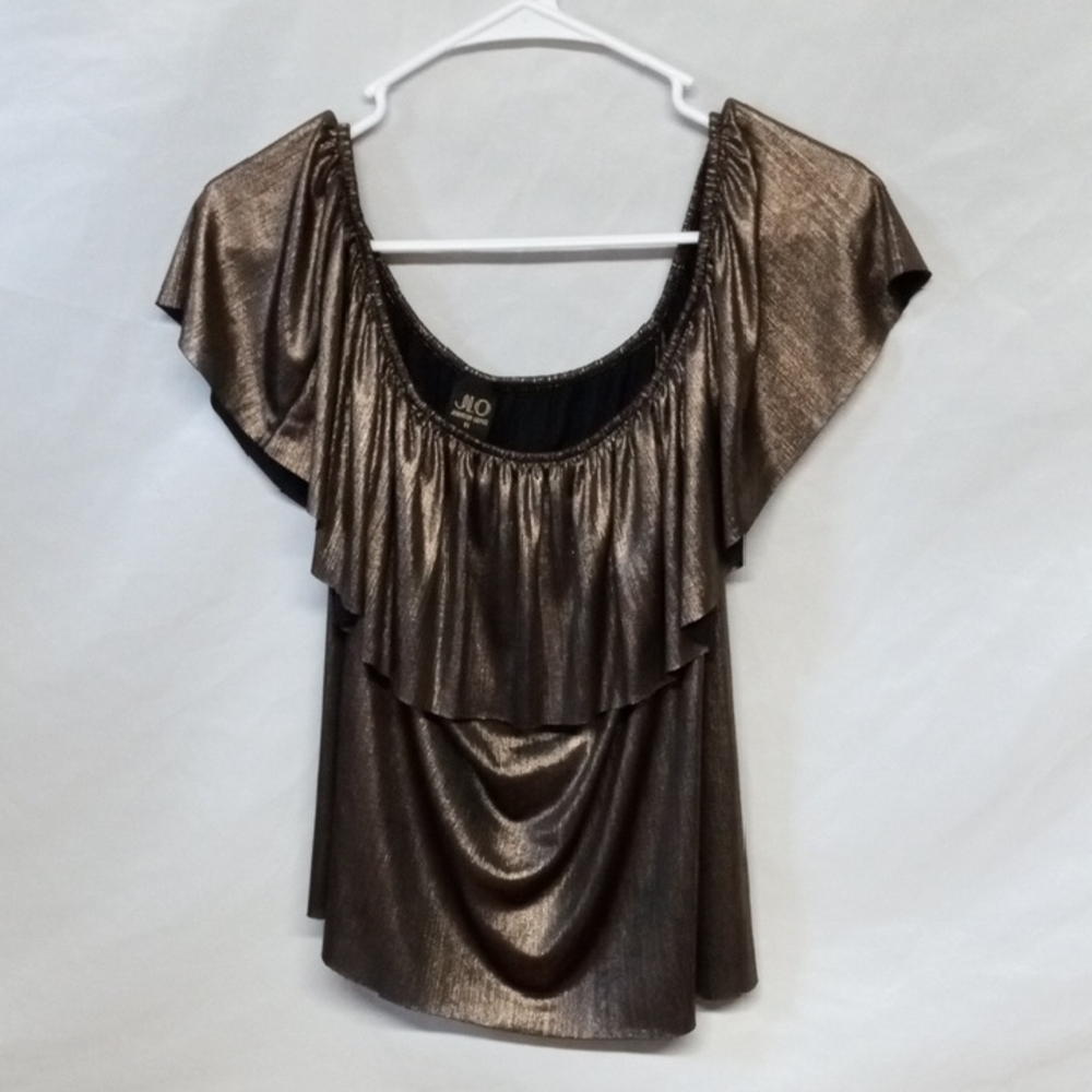 Jennifer Lopez Brown and Gold Ruffled Asymmetrical Blouse